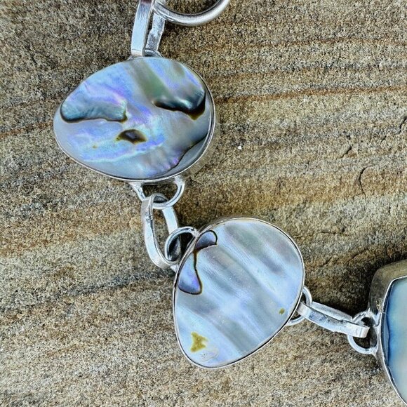 VTG Link Bracelet Size 7.5 MOP Shell Teardrop Cabs 925 Sterling Silver 21.5g - Picture 4 of 12